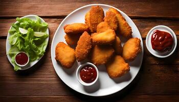 Crispy Chicken Nuggets with Ketchup and Salad photo