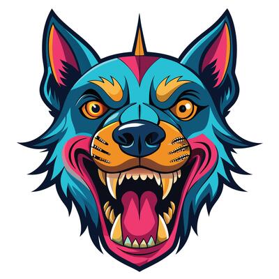 a colorful wolf head with sharp teeth