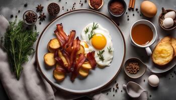 Delicious Breakfast with Fried Egg, Crispy Bacon, and Potatoes photo