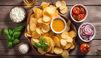 Potato chips and dips on a wooden background photo