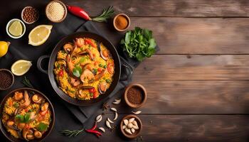 Seafood Paella with lemon and Spices on a wooden background photo