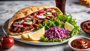 Delicious Turkish Doner Kebab Sandwich with Side Salad and Sauce photo