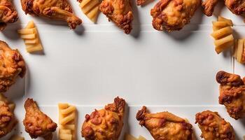 Crispy Fried Chicken Wings and Potato Fries Border photo