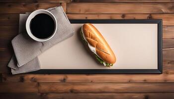 Sub Sandwich with a Cup of Coffee on a Wooden Table photo