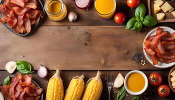 A Rustic Table Setting with Smoked Meat, Corn on the Cob, and Fresh Herbs photo