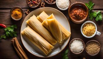 Tamales on a Wooden Tabletop with Various Ingredients photo