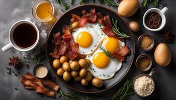 Delicious Breakfast with Fried Eggs, Crispy Bacon, and Potatoes photo