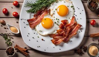 Delicious Breakfast with Fried Eggs and Crispy Bacon photo