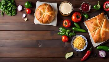 Flatbread with Toppings on a Wooden Table photo