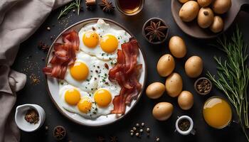 Fried Eggs with Bacon and Potatoes photo