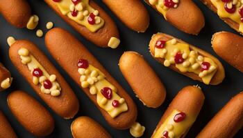 Close up of a Pattern of Corn Dog Bites with Drizzled Mustard and Ketchup photo