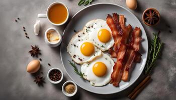 Delicious Breakfast with Sunny Side Up Eggs and Crispy Bacon photo