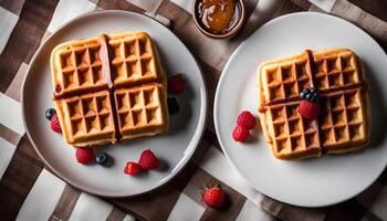delicioso gofres con bayas y caramelo llovizna foto