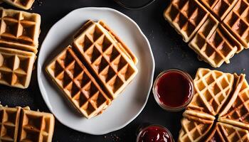 Belga gofres con mermelada para desayuno foto