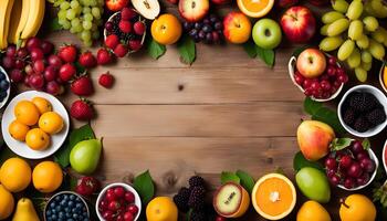 Colorful Fruit Frame on Wooden Background photo