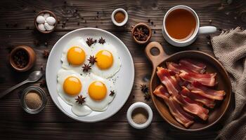 Breakfast with Fried Eggs and Bacon on a Wooden Table photo