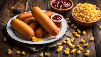 Corn Dog with Mustard and Ketchup on Rustic Wooden Table photo