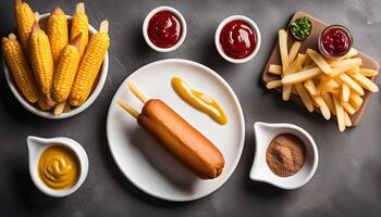 Corn Dog with French Fries and Condiments photo