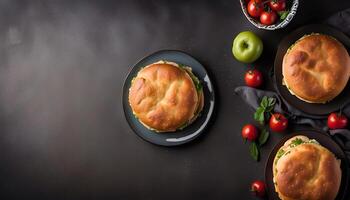 Three Sandwiches on Plates with Green Apple and Tomatoes on a Dark Background photo