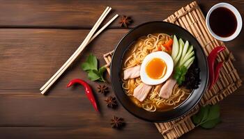 A Bowl of Ramen Noodles with Egg, Fish, and Vegetables on a Wooden Background photo