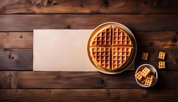 delicioso gofres en rústico de madera mesa foto