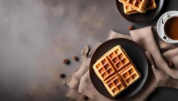 delicioso gofres con café para un dulce desayuno foto
