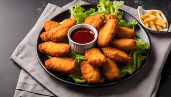 Crispy Chicken Nuggets with Lettuce, French Fries, and Ketchup photo