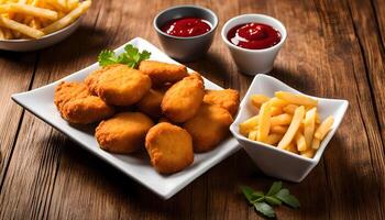 Crispy Chicken Nuggets and French Fries with Dipping Sauce photo