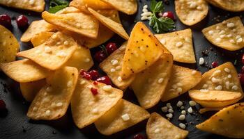 Close up of Crispy Savory Crackers with White Sesame Seeds and Red Chili Flakes photo