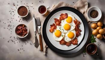 Delicious Breakfast with Fried Eggs and Crispy Bacon photo