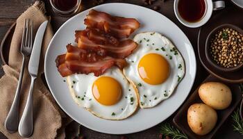 Delicious Breakfast with Sunny-Side Up Eggs and Crispy Bacon photo