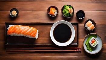 Salmon Sushi Set with Soy Sauce and Chopsticks photo
