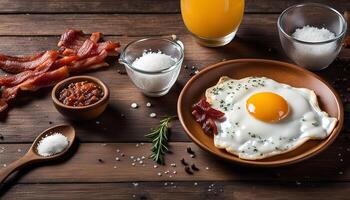 Delicious Fried Egg with Crispy Bacon and Spices on Wooden Table photo