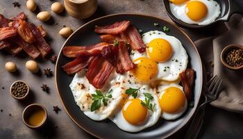 Delicious Breakfast Plate with Fried Eggs and Crispy Bacon photo