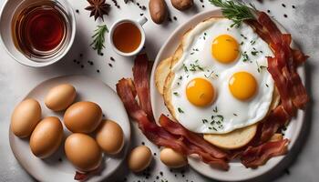 Breakfast with fried eggs, bacon, and toast photo