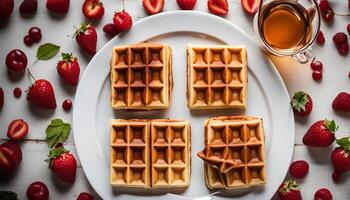delicioso gofres con fresas y jarabe foto