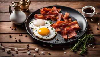 Delicious Breakfast with Fried Eggs and Crispy Bacon photo