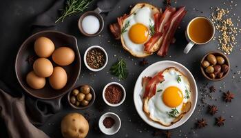 Delicious Breakfast with Fried Eggs, Crispy Bacon, and Spices photo