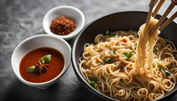 Noodles in Bowl with Chopsticks and Sauce photo
