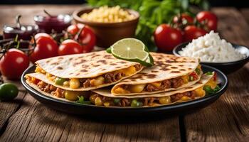 Delicious Quesadillas with Meat, Cheese and Vegetables photo