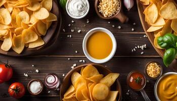 A Variety of Dips and Chips on a Wooden Table photo
