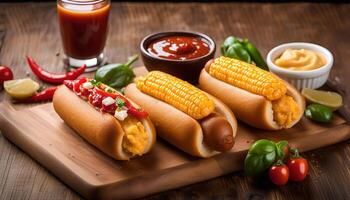 Three hot dogs on a wooden cutting board with various toppings and sauces, ready to eat photo