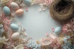 Decorative spring arrangement with pastel Easter eggs and flowers on a textured surface photo
