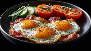 Delicious breakfast plate with eggs, bacon, and fresh vegetables served on a wooden tray photo