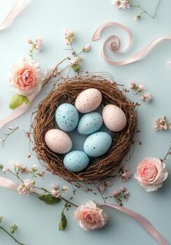 Colorful Easter eggs arranged in a rustic nest with flowers and ribbons on a blue background photo