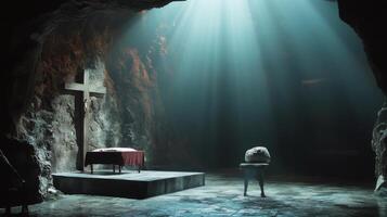 Cave altar with wooden cross reflecting in water at dawn photo