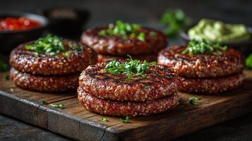 Grilled quinoa patties garnished with fresh herbs served on a rustic wooden board photo