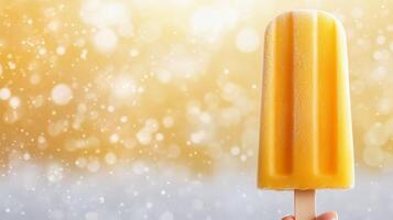 Smiling person enjoying a refreshing yellow popsicle during warm summer day photo