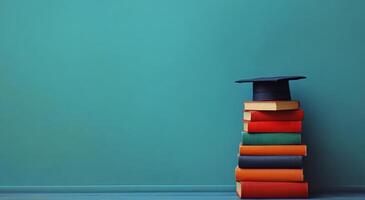 Graduation cap resting on stack of colorful books against teal wall in a study area photo