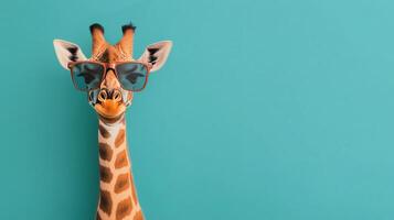 Giraffe wearing sunglasses which creates a playful and quirky atmosphere photo